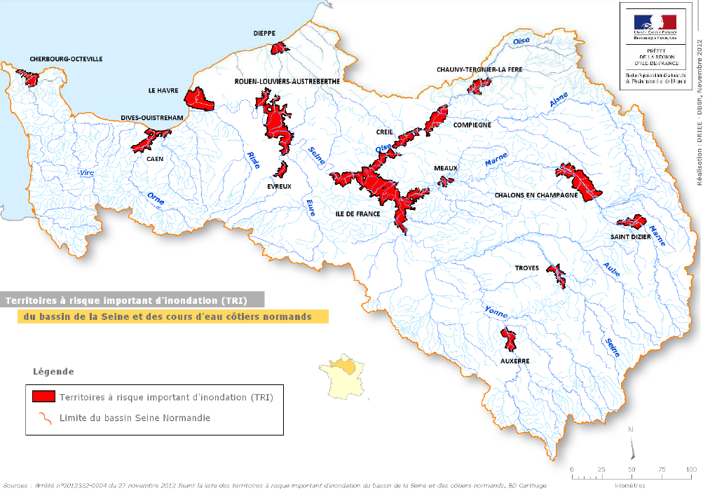 Carte des TRI sur le bassin Seine Normandie 