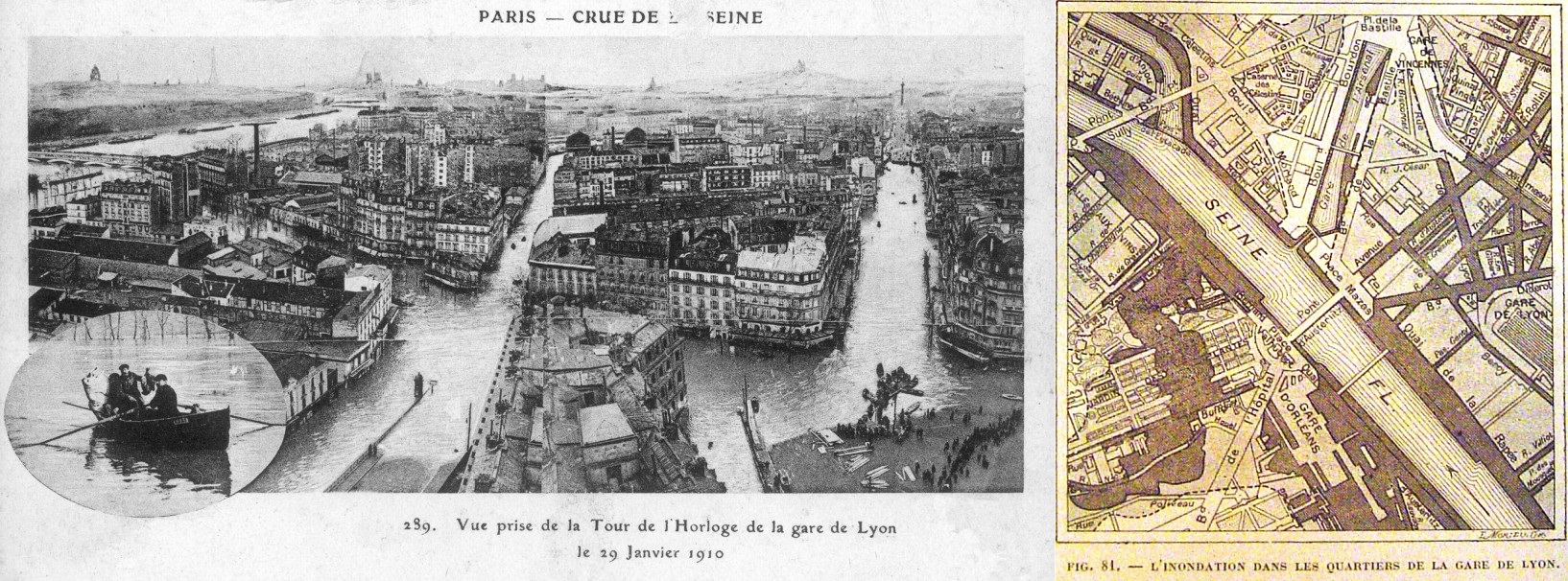 Inondation dans le secteur de la Gare de Lyon à Paris : a) Vue depuis la Tour de l’horloge (12) ; b) Plan du périmètre inondé 