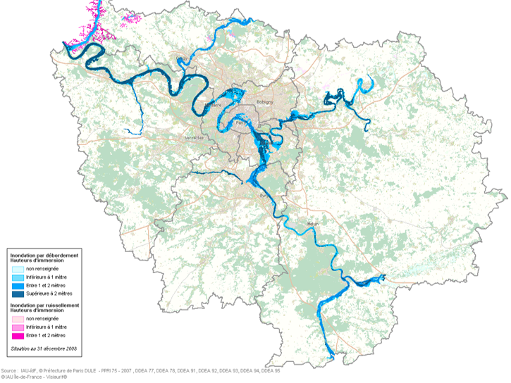 Carte des zones inondables par débordement et ruissellement en Ile de France