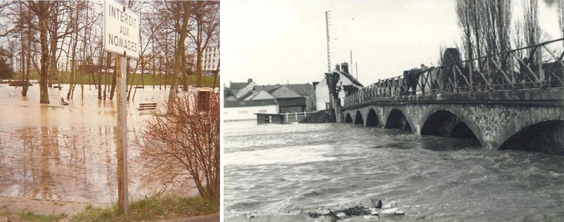 Crue de l’Yerres de mars 1978  à gauche Pervenches-Coubertin, à droite pont de la RD 10.