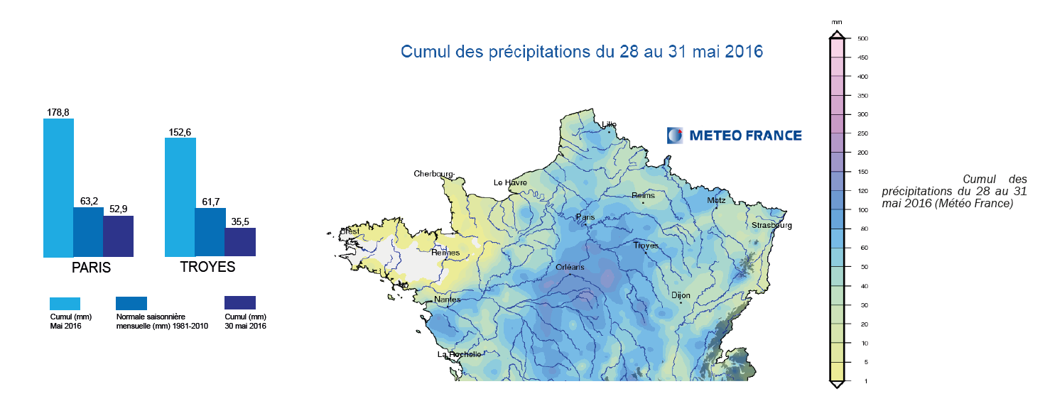 Cumul des pluies sur le nord de la France entre le 28 et le 31 mai (Météo France).