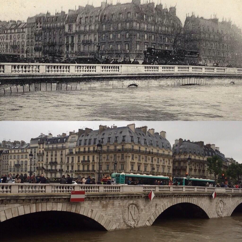 La Seine au pont Saint-Michel à Paris : 1910 (en haut), 2016 (en bas) 