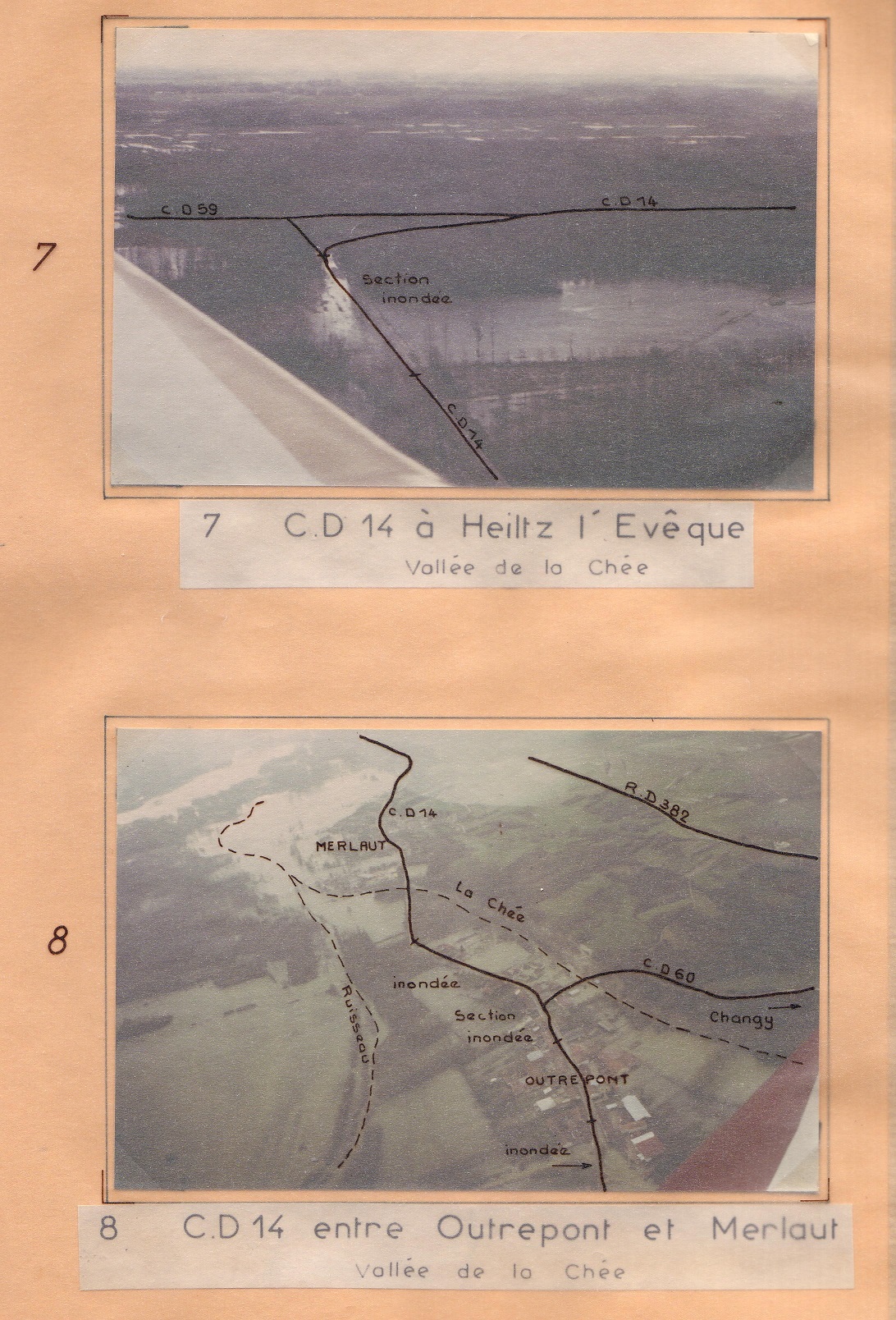 Vue aérienne de l’inondation de la Chée à Outrepont  et Merlaut en janvier 1983