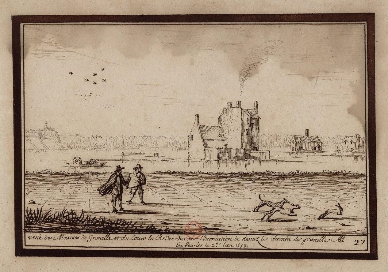 Vue des Marests de Grenelle et du Cours de la Reine durant l’inondation de dessus le chemin de grenelle en février le 2e, l’an 1658.